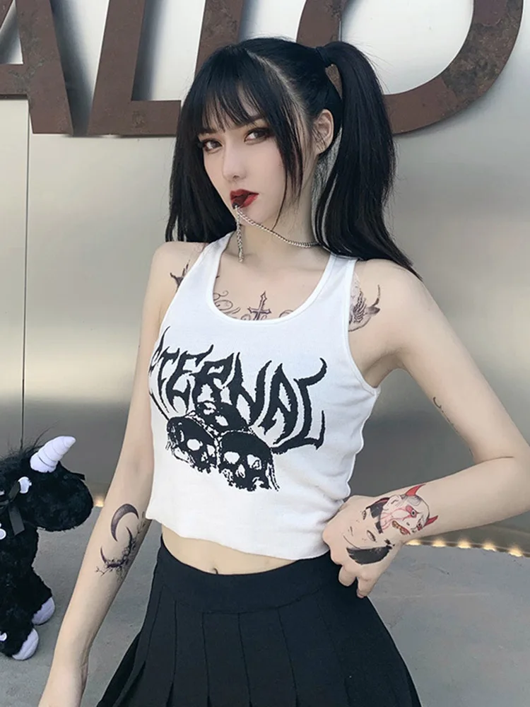 Harajuku Punk Goth Sexy Crop Tops Women\'s Summer Mujer 90s Grunge Graphic Skull Print Tops Fashion Sleeveless Slim Vest Tank Top