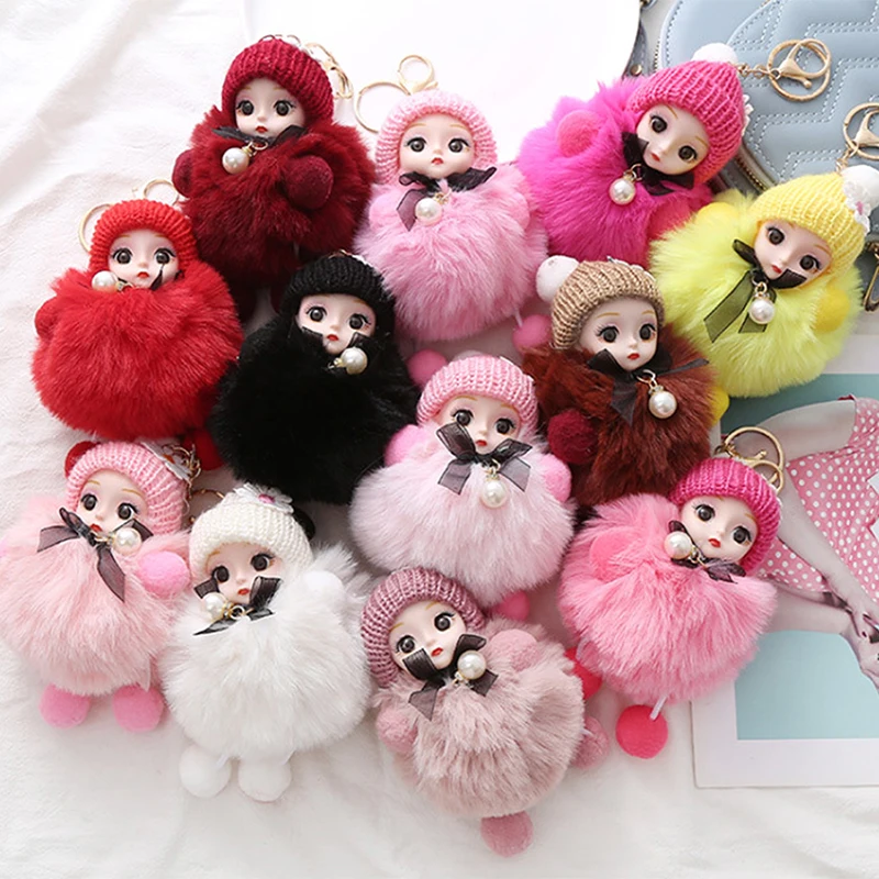 Cute Plush Keychain Imitation Rex Rabbit Fur Ball Keyring Big Eye Doll Pendant Fashion Car Bag Charm