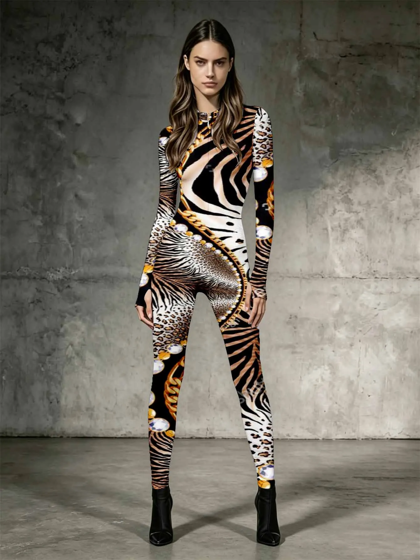 Women's half zip long sleeved jumpsuit with close fitting elastic fabric to enhance body shape jumpsuit