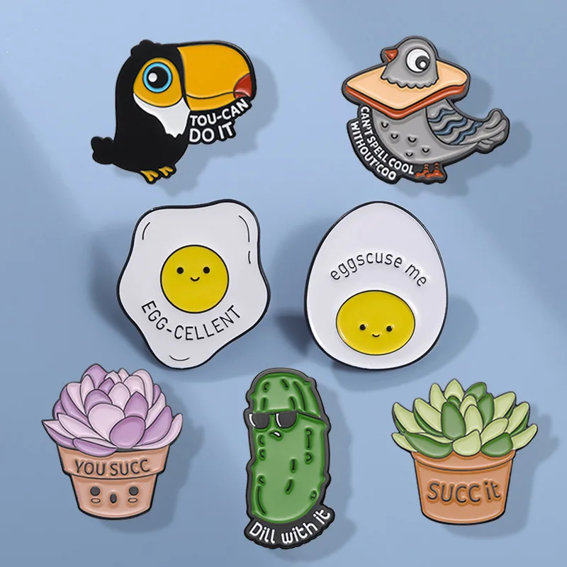 Cute Animal and Plant Enamel Pins Toucan pigeon succulent potted poached egg cucumber brooch Accessories Metal Badge Jewelry