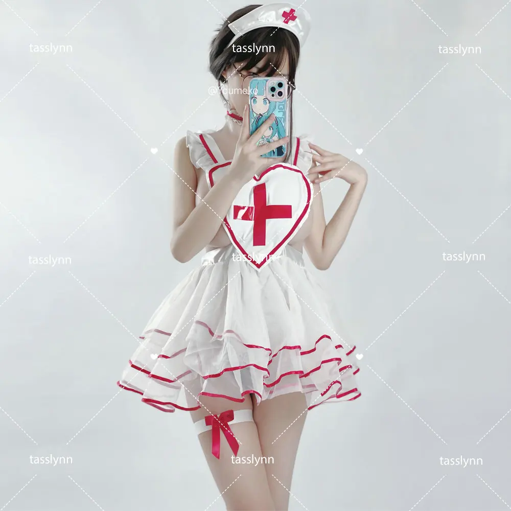 

Japanese Malymoon Sexy Red White Nurse Cosplay Costumes Love Maid Dress Hat Patent Leather Dress Maid Cosplay