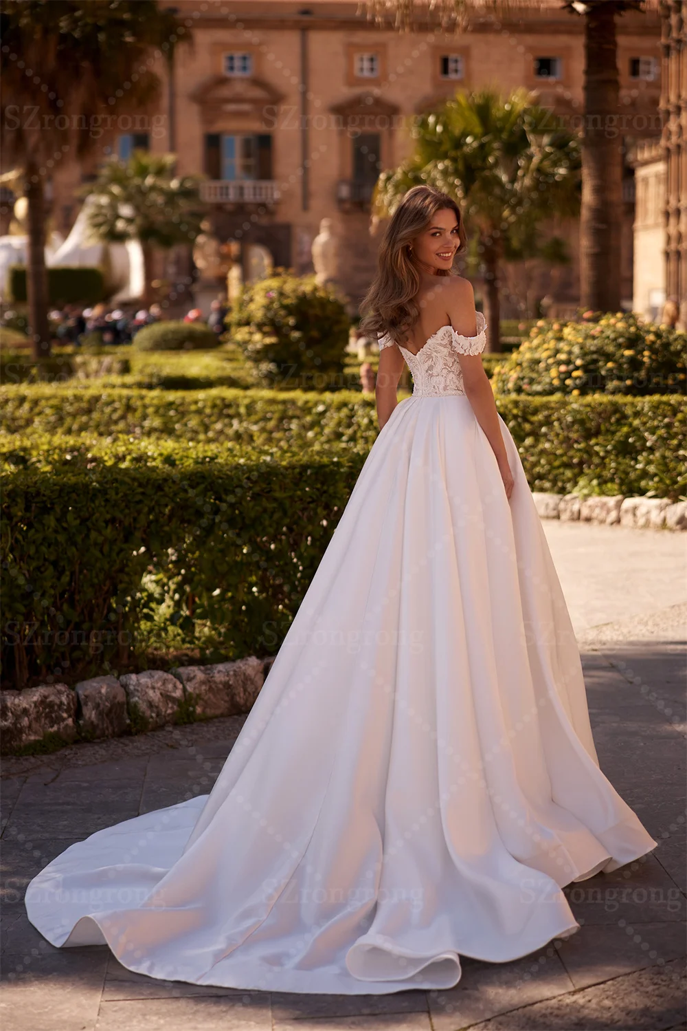 فستان زفاف أنيق بدون أكتاف من الساتان دانتيل على شكل حرف a بدون ظهر فستان زفاف طويل للأميرة مع ذيل مصنوع حسب الطلب رداء السهرة #2