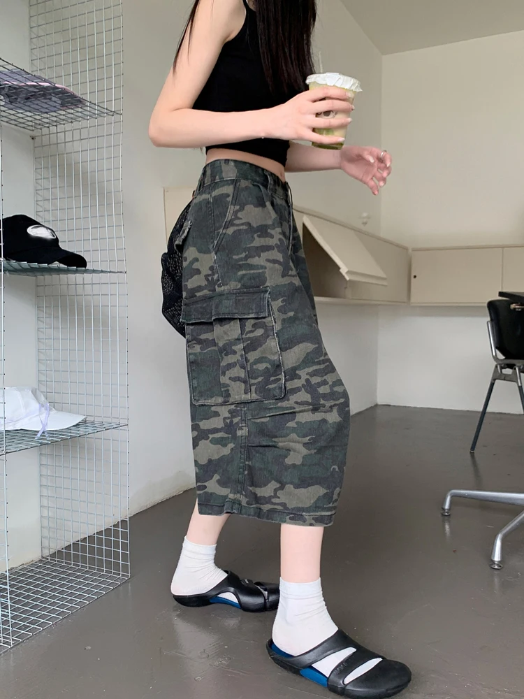 Fashion Women Camouflage Mid Shorts High Waist Camo Multipocket Baggy Jeans Shorts Femme Party Cool Loose Wide Leg Cargo Shorts