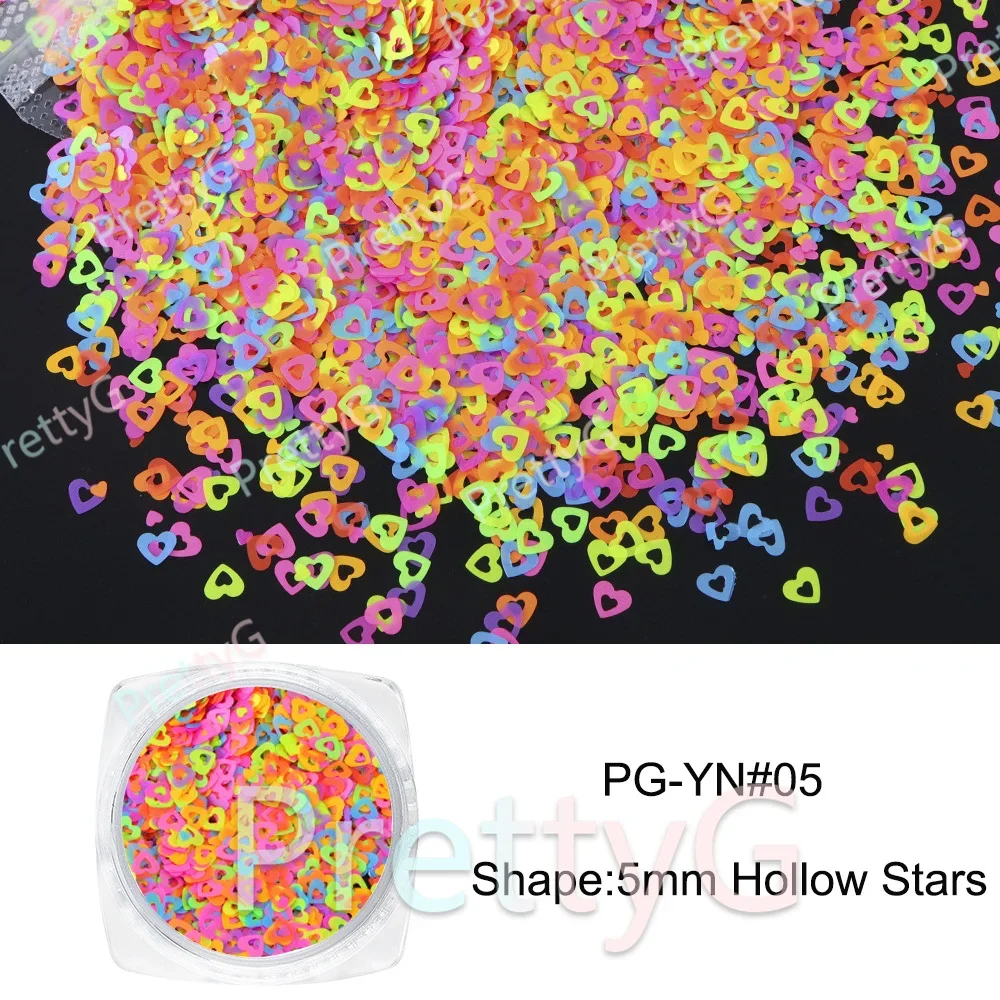 PrettyG Fluorescence 5mm Hollow Hearts Glitter Sequins Neon Glitter Flakes Shape Supplies For Nail Art DIY Decoration YN05