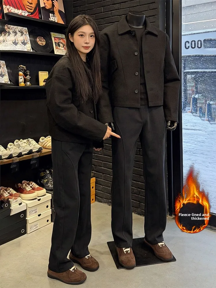 

Мужские зимние утепленные брюки с флисовой подкладкой, расклешенные, прямого кроя, повседневные, теплые, удобные, модные, черные