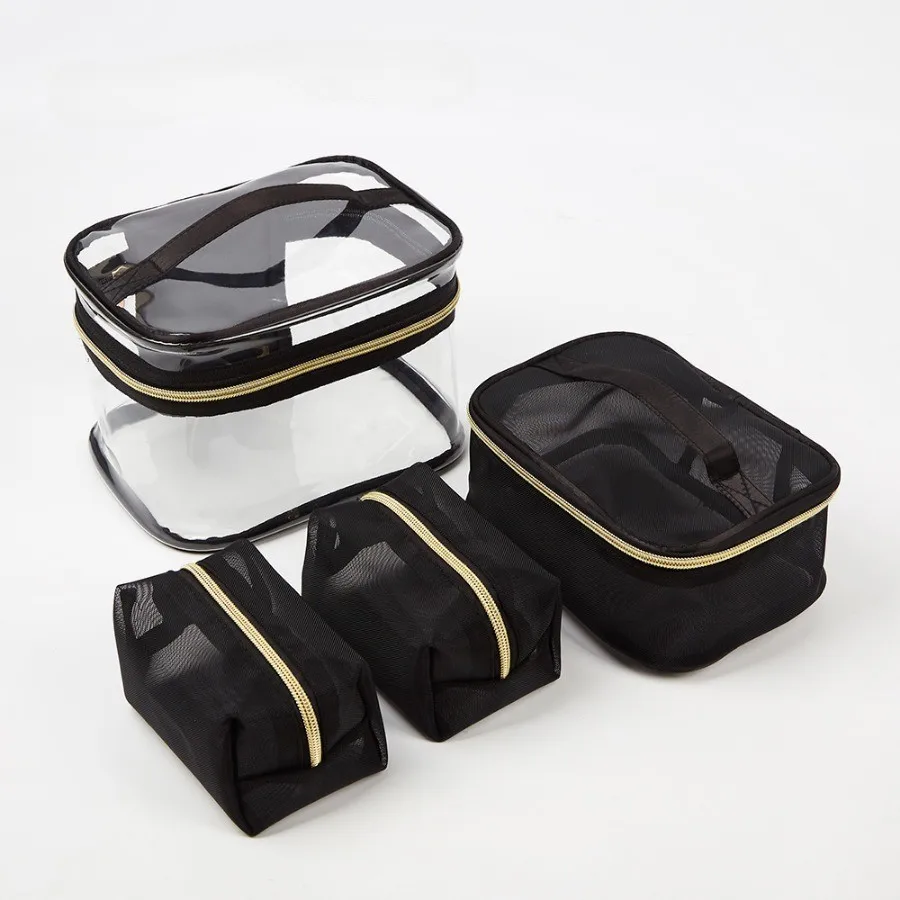 4pcs/set Black Transparent Cosmetic Storage Bags PVC Mesh Toiletries Organization Sack Travel Business Necessary Makeup Pouch