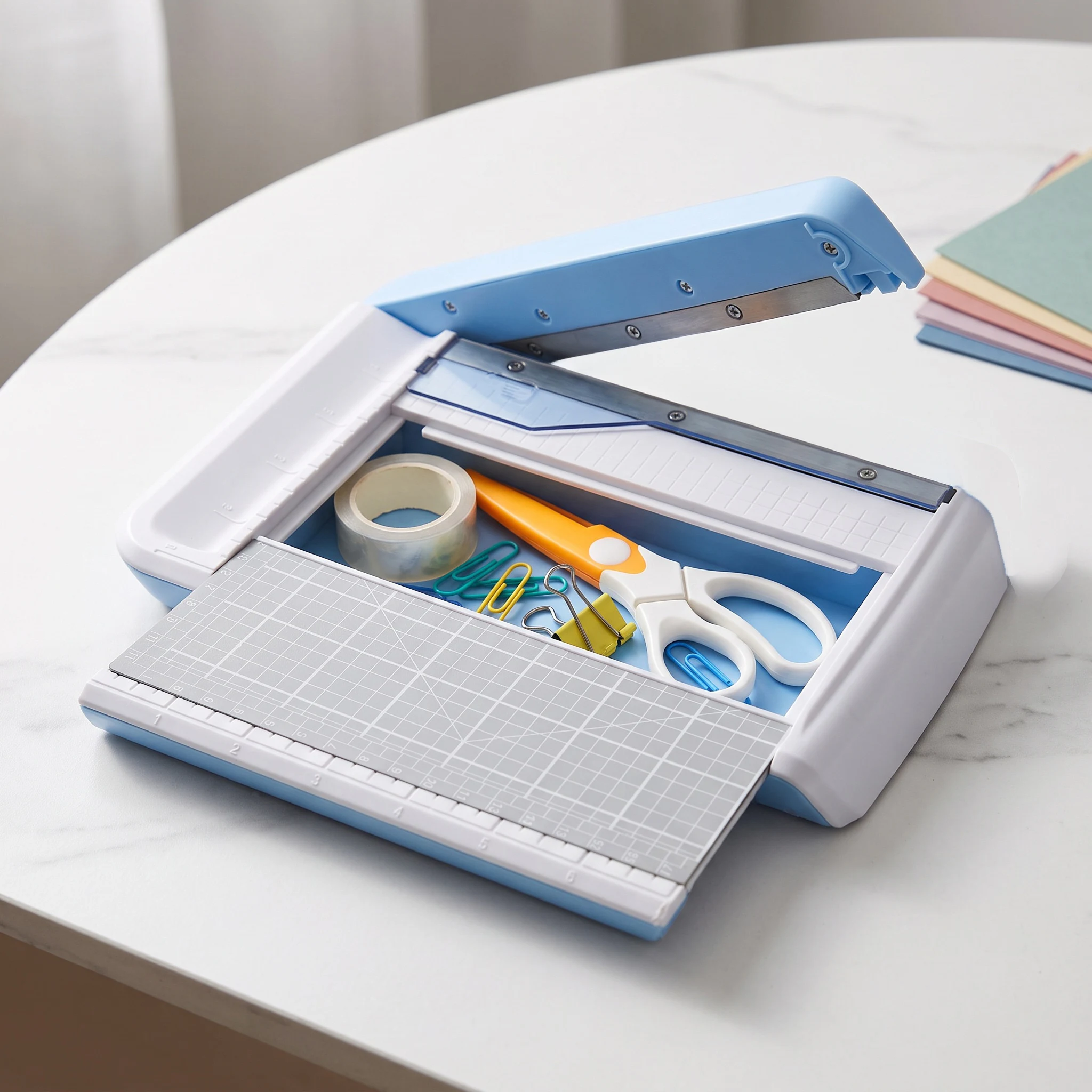 Guillotine Paper Trimmer 5x7 inch, Portable Paper Slicer with Built‑in Storage Compartment, Paper Cutter with Grid & Ruler