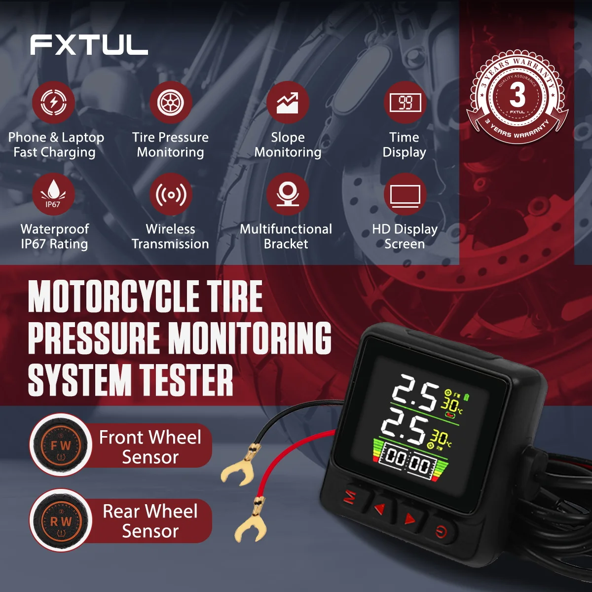 FXTUL Motorcycle Tire Pressure Tester Monitoring System TPMS Tyre Tester Waterproof Digital Display Detector Diagnostic Tool