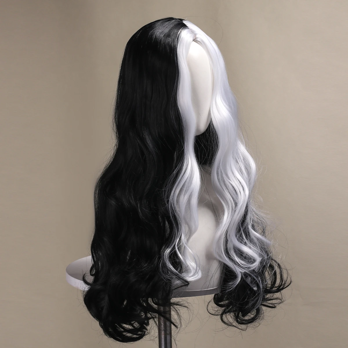 28 inch long rolled witch black and white synthetic wig, used for holiday parties and Halloween role-playing