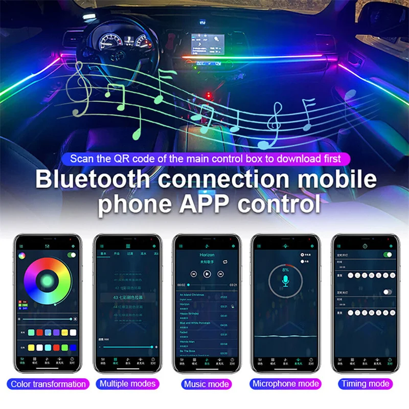 18 In 1 Full Color Streamer Car Ambient Lights RGB 64 Color Universal LED Interior Hidden Acrylic Strip Symphony Atmosphere Lamp