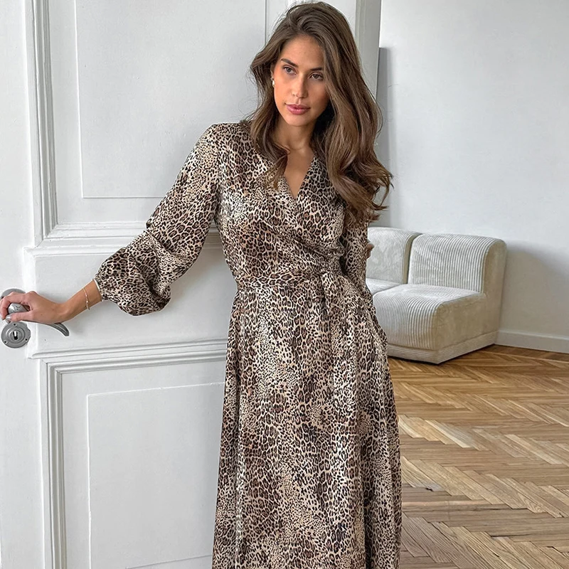 DGLUKE Leopard Print Long Sleeve Maxi Dress Woman V-Neck Lantern Sleeve Long Dress Elegant Long Sleeve Wrap Spring Autumn Dress