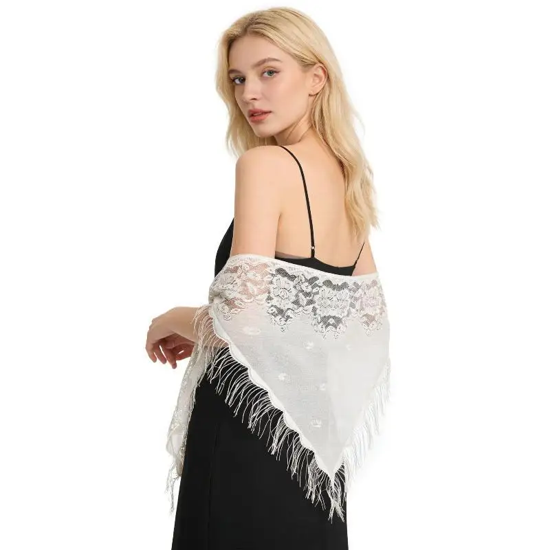 Elegant Floral Lace Triangle Shawl Tassel Fringe Sheer Bridal Wrap Scarf for Engagement Ceremony Party Cover Up