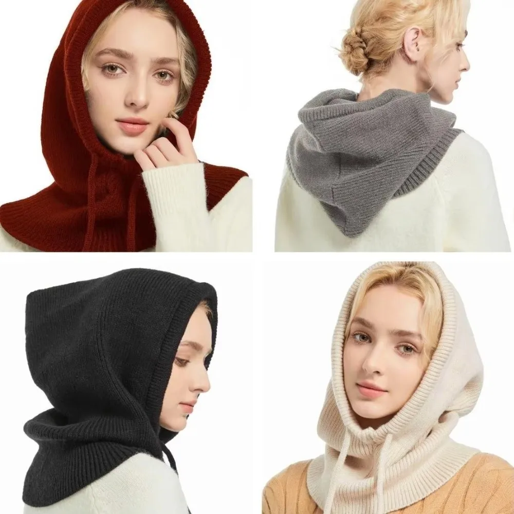 Thick Winter Knitted Hooded Caps Warm Insulation Windproof Balaclava Hat Drawstring Adjustable Breathable One-piece Neck Collar
