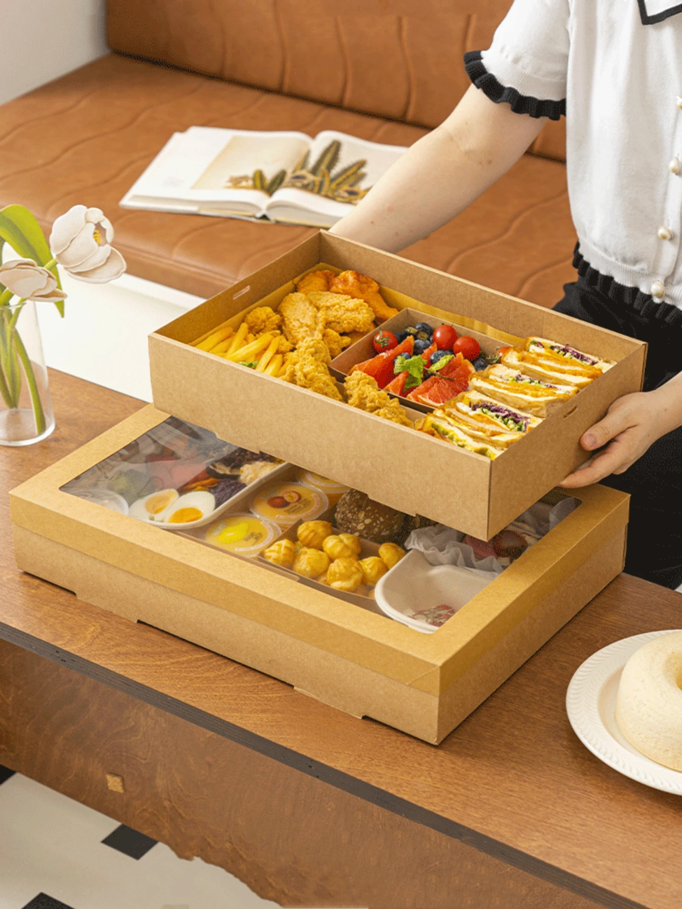 1pcs, picnic box with lid, outdoor camping style kraft paper packaging box, baking light food fruit dessert lunch box