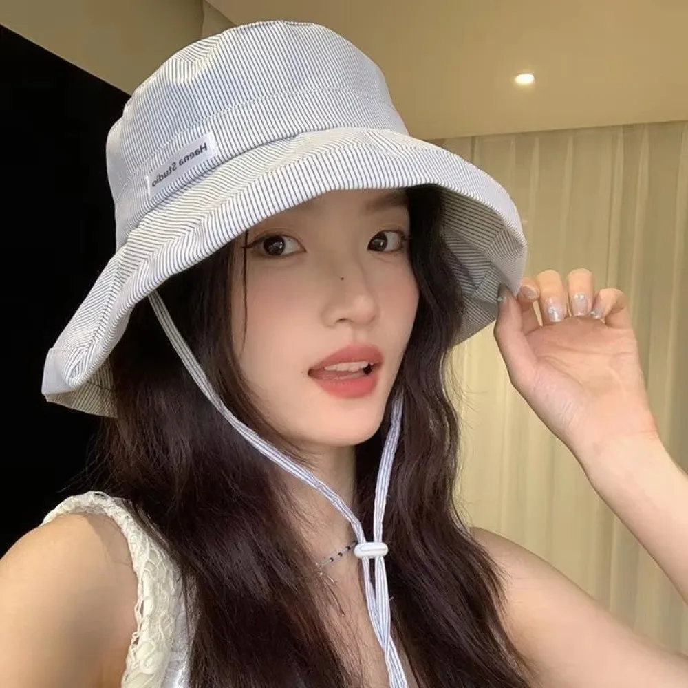 Y2K Wide Brim Fisherman Caps Striped Pattern With Rope Sun Hats Candy Color Basin Cap Women