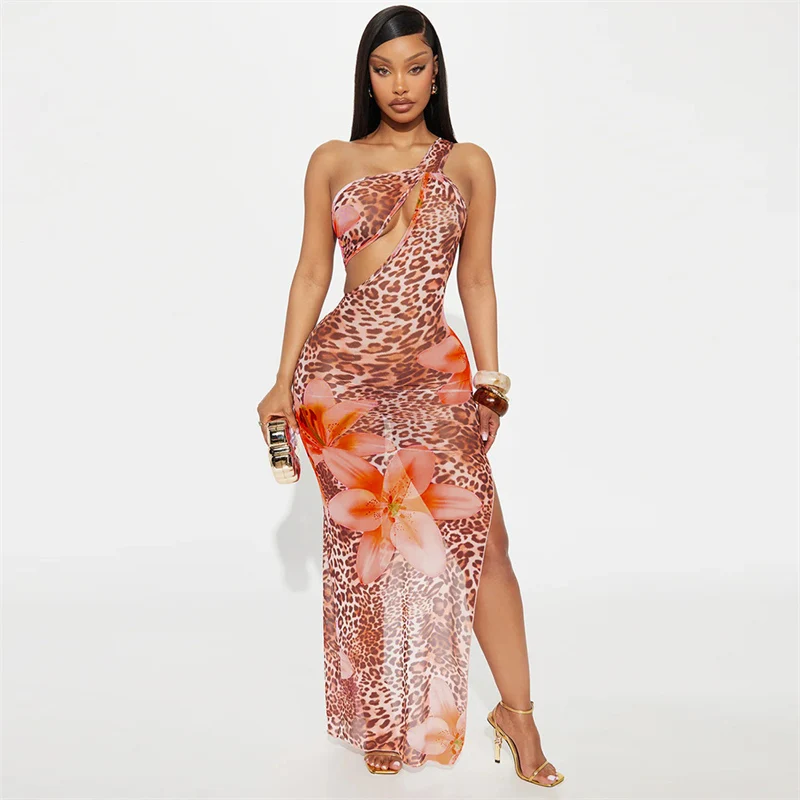 Robe longue moulante à imprimé Floral léopard pour femmes, asymétrique épaule dénudée, col incliné, maille transparente, fendue sur le côté, robes de soirée