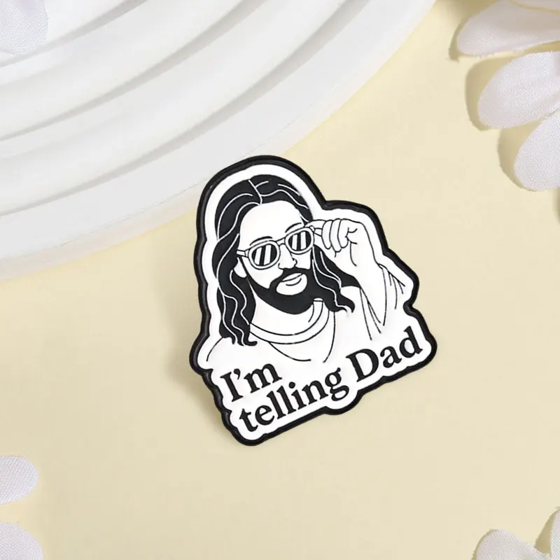 Cartoon Jesus Sunglasses Badge I'm Telling Dad Enamel Pins Fashion Lapel Brooches Metal Backpack Clothes Jewelry Gift for Friend