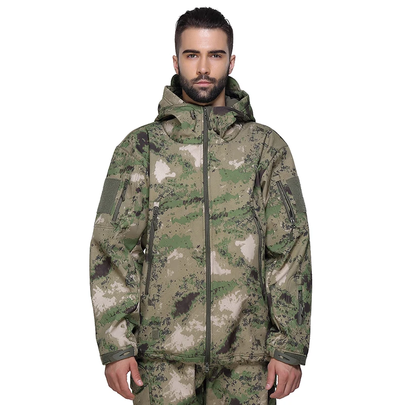 Men\'s Soft Shell Camouflage Tactical Jacket Men Waterproof Fleece Lined Coat Hooded Outdoor Hiking Hunting Clothes