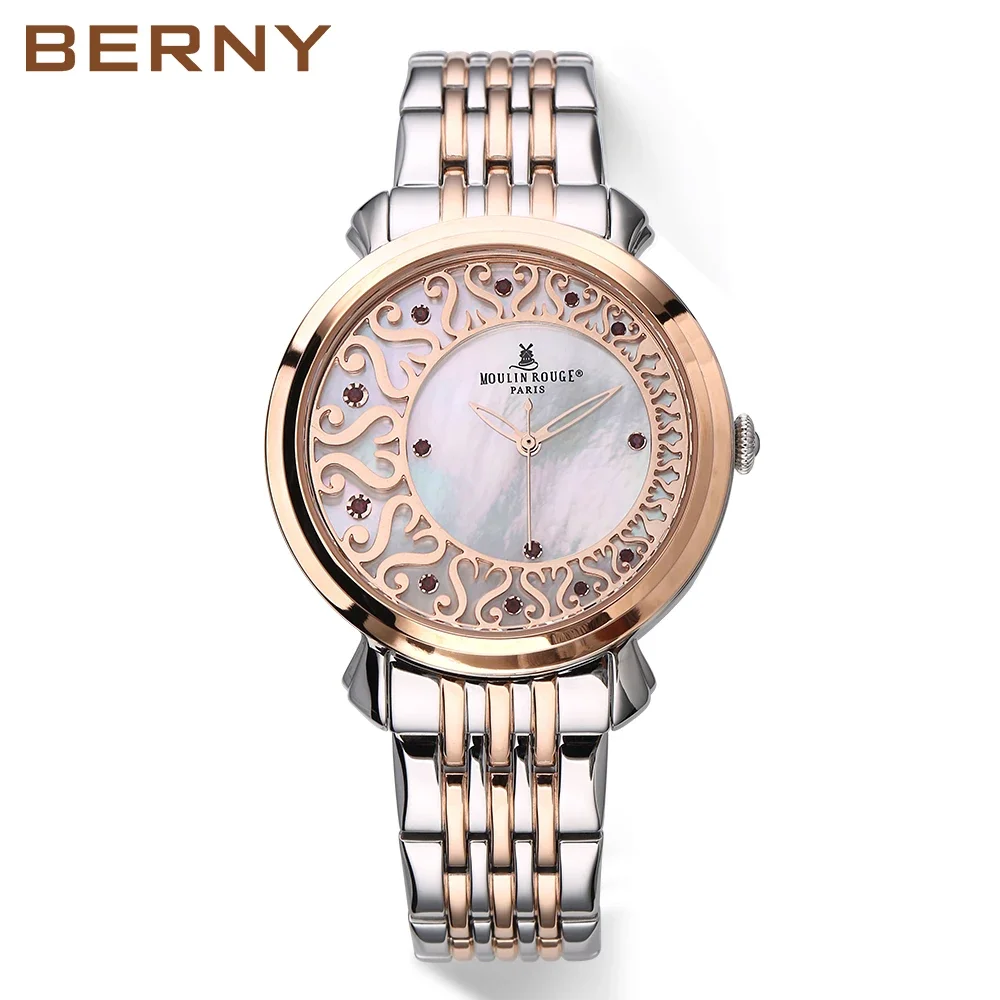 BERNY Women Quartz Watch Butterfly Buckle Stainless Steel Strap Pagani Design Reloj Muje 18K Ladies Vintage Fashion Watch