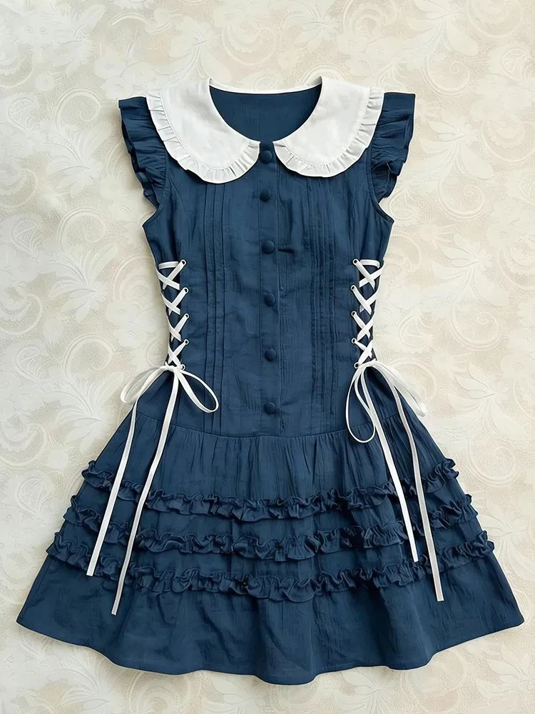 

Summer Vintage Mini Dress Women Harajuku Sleeveless Bandage Cake Dresses Japanese Kawaii Peter Pan Collar Button Rater Dresses