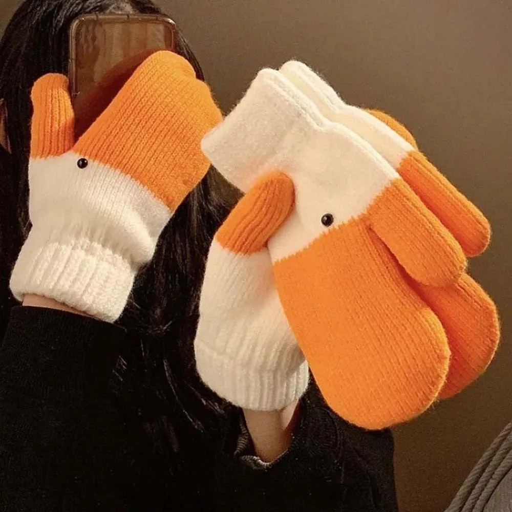 Urocze pomarańczowe rękawiczki z kreskówkowym gęsiem, poliestrowe, grube, zimowe rękawiczki dziergane, ocieplacze, wiatroodporne, chroniące przed zimnem, mitenki dla uczniów.