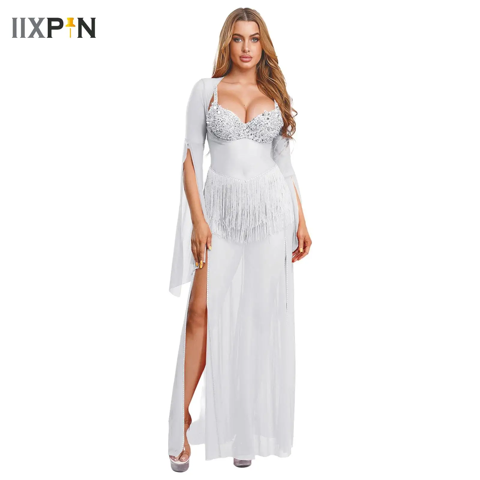 

Блестящее платье BALADI со стразами, египетский костюм для танца живота, групповое выступление, платья с длинными рукавами для карнавала