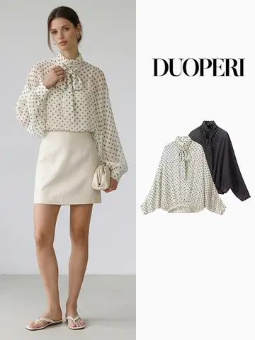 DUOPERI – chemisier à pois avec nœud et lacets pour femmes, pull-over Vintage à col rond, manches longues, chemises chics pour dames