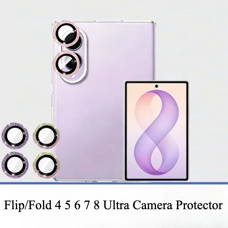 Metal Ring Tempered Glass Glitter Camera Protector For Samsung Galaxy Z Flip Fold8 Ultra 7 6 5 4 Full Protection Bling Lens Film