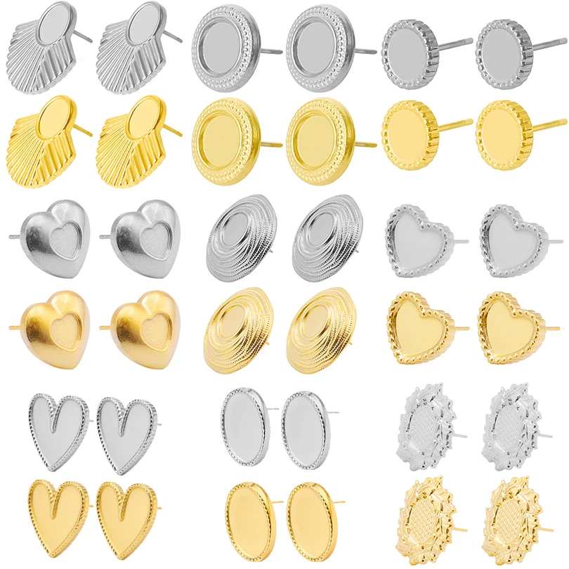 6 sztuk/3 par DIY kolczyki ze stali nierdzewnej podstawy okrągłe kolczyki w kształcie serca ustawienia do znakowania biżuterii rękodzieło prezenty