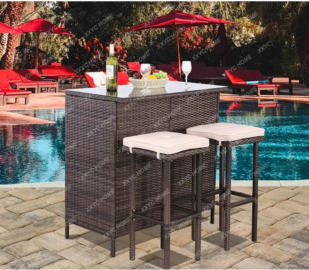 3PCS Patio Bar Set with Stools and Glass Top Table Patio Wicker Outdoor Furniture with Beige Removable Cushions for Backyards