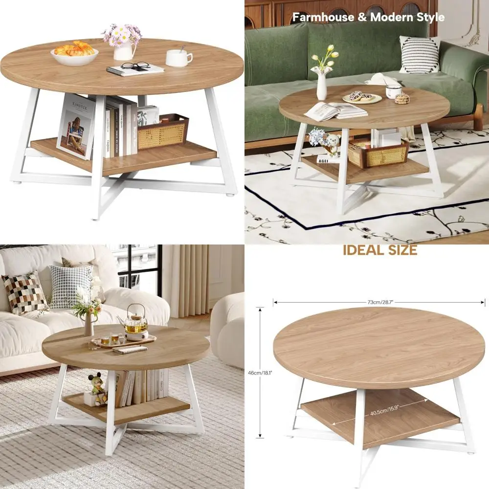 

Modern Round Wooden Coffee Table with Storage, Small Circle Center Table for Living Room Home Decor