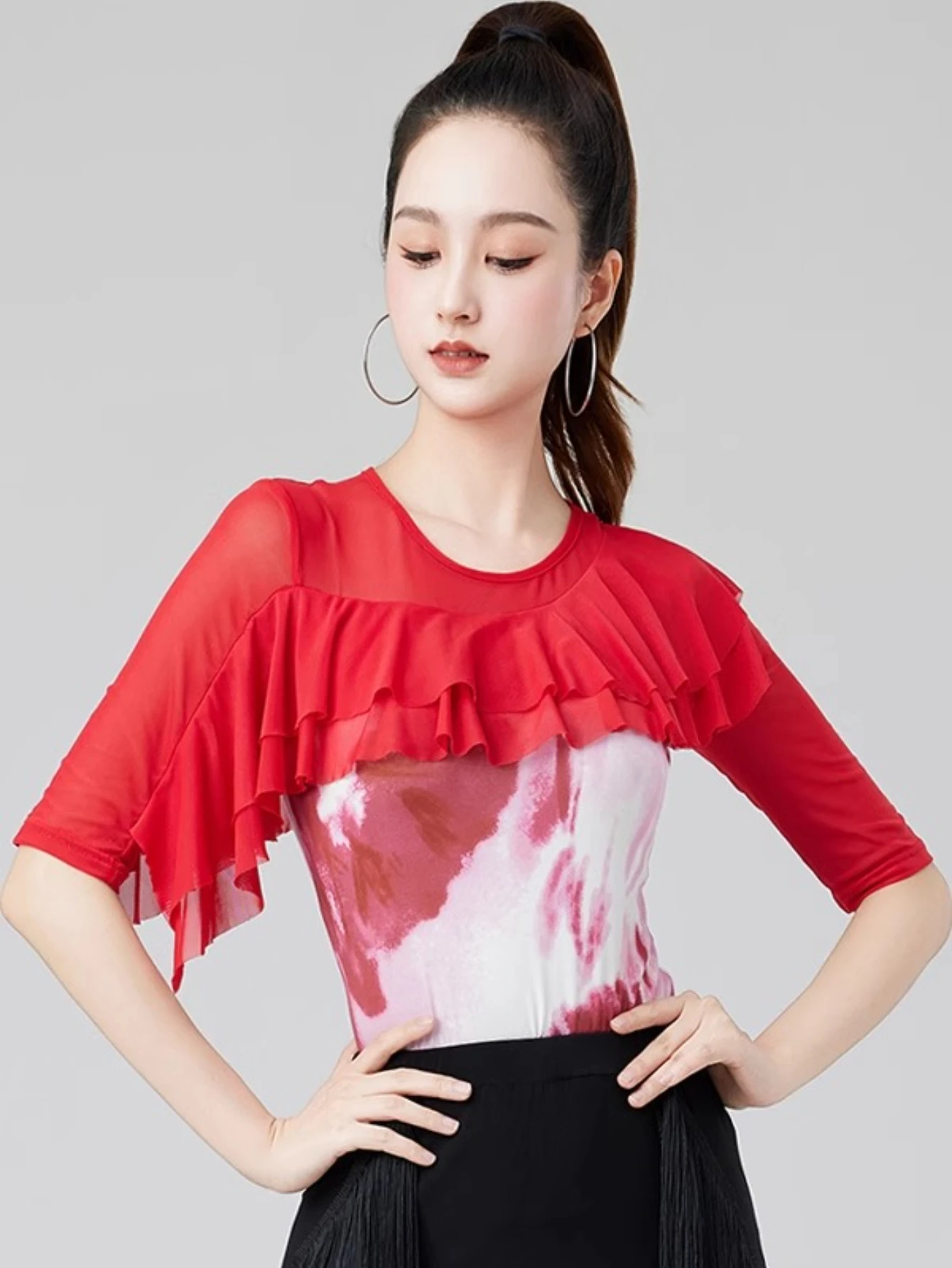 Party Dresses Samba Red Tops Half-sleeved Elegant Ruffle Women Modern Dance Clothes Bodysuit Ballroom Latin Dance Leotard Tops