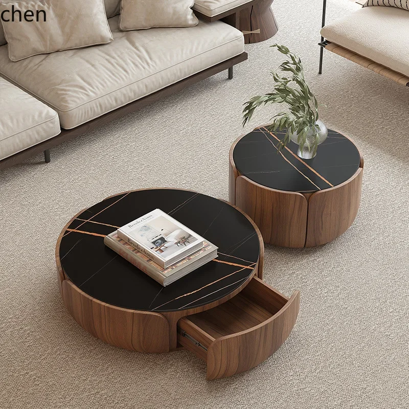 W5.19 Solid Wood Coffee Table Set for Home Living Room Small Apartment Rock Slab Round Coffee Table TV Simple Modern view 4