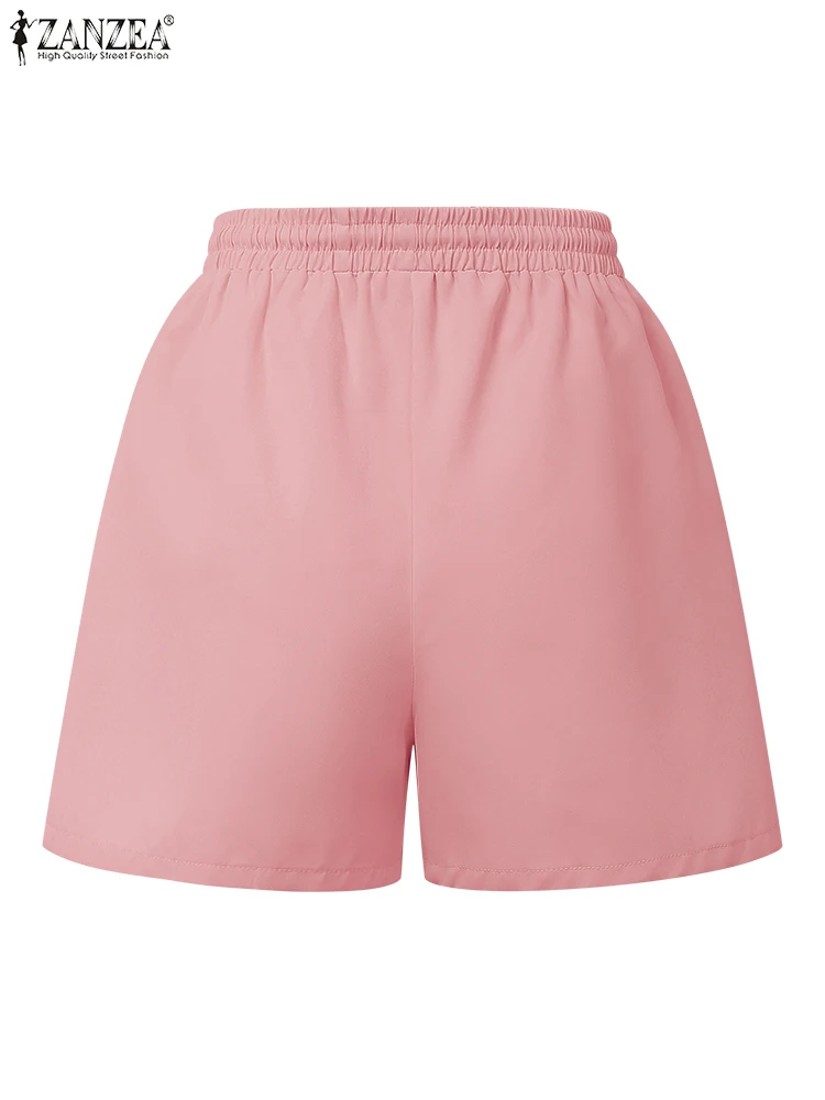 Zanzea moda shorts feminino 2025 verão cordão elástico na cintura bolsos workwear shorts de perna larga solto cor sólida calças curtas