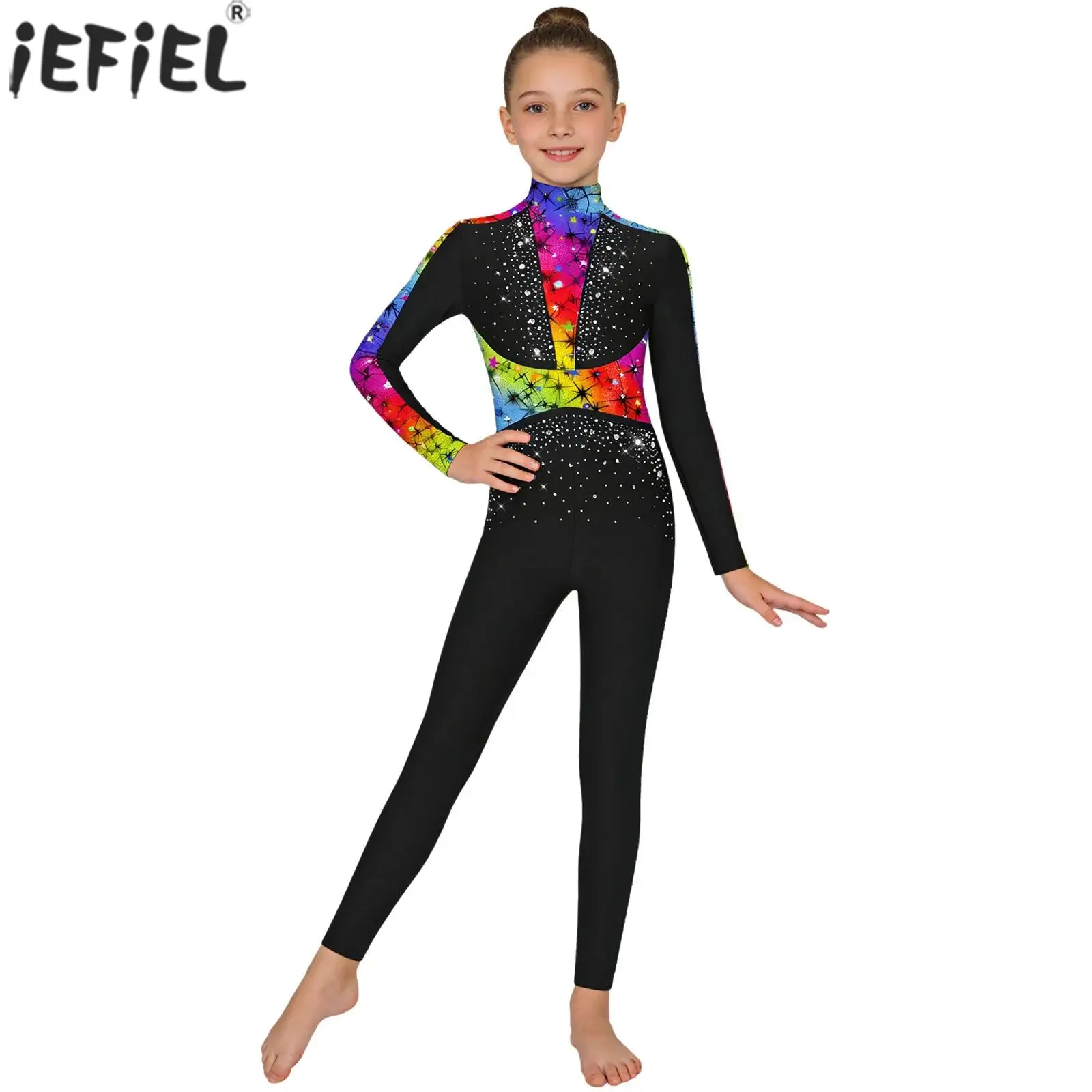 Mädchen Gymnastikanzug mit Langen Ärmeln, Strass-Verzierung und Aufdruck, Ballett-Ganzkörperanzug, Eiskunstlauf- und Akrobatik-Bodysuit