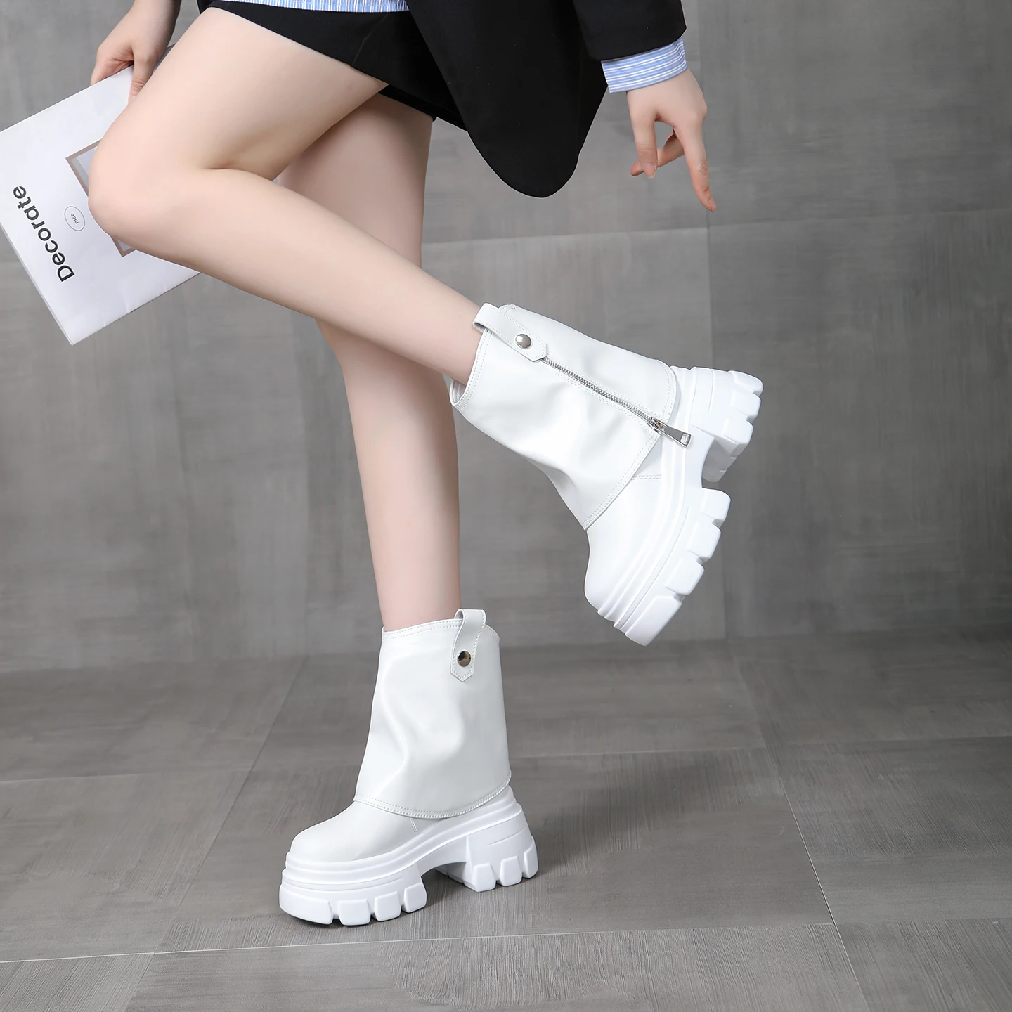 

Women's Winter Ankle Boots 10cm Platform Wedge Hidden Heel Height Increase Warm Lined Short Booties Casual Leather Shoes