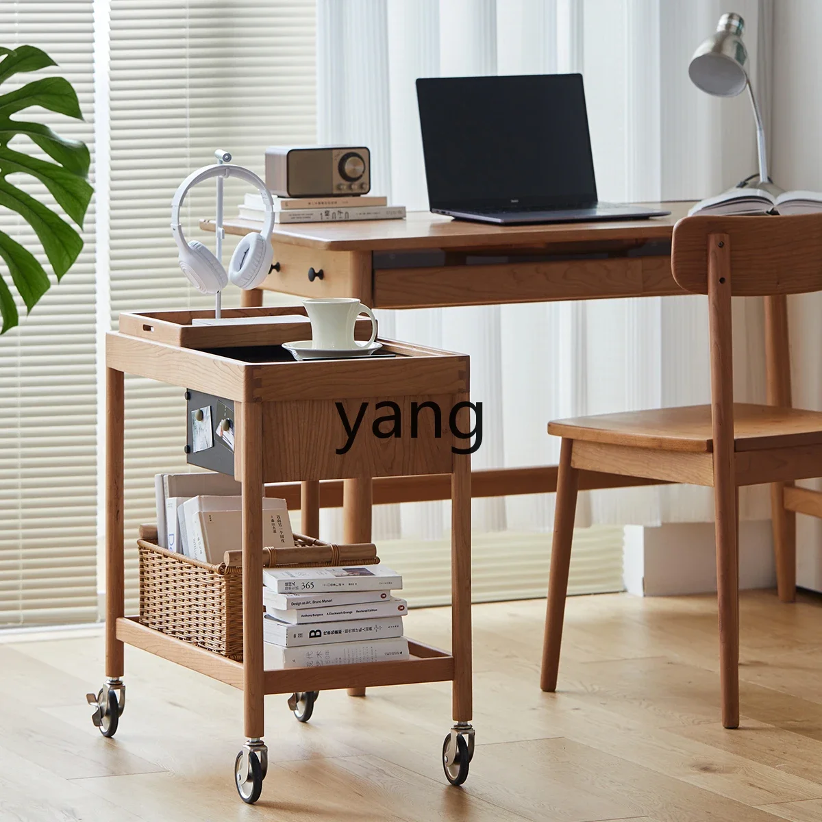 Lmm solid wood edge table movable trolley cherry wood small apartment coffee table sofa side table