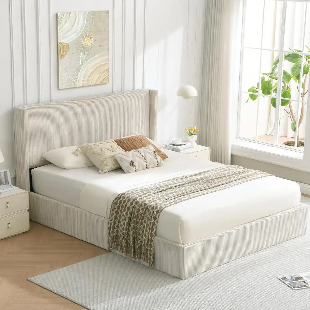 Full Size Lift-Up Storage Bed, Modern Upholstered Corduroy White Bed with Wingback Headboard, Hydraulic Lift Platform