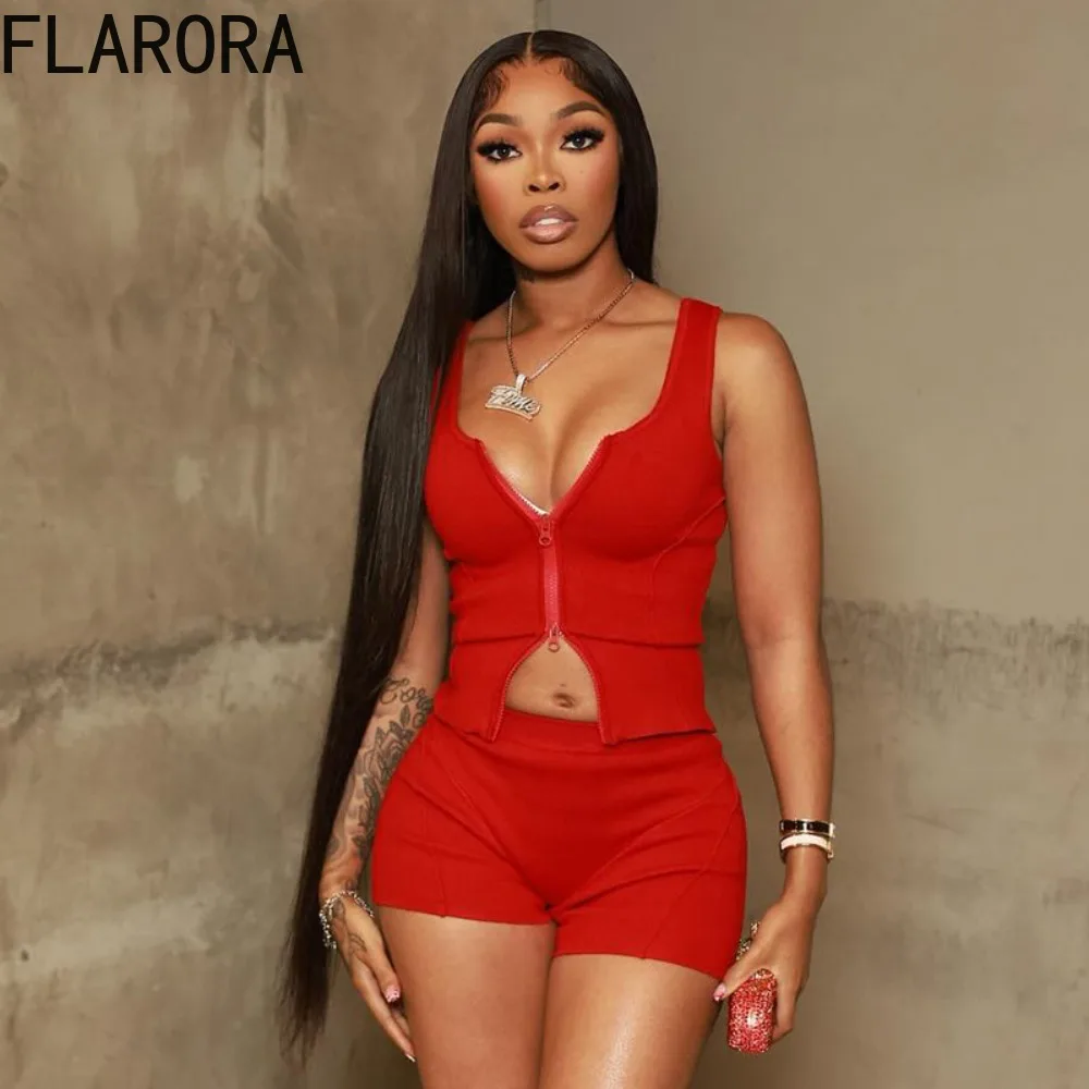 

FLARORA Casual Sporty Two Piece Sets Woman Sleeveless Zip Crop Tank Tops And Skinny Shorts Outfits Fashion Street Tracksuits New