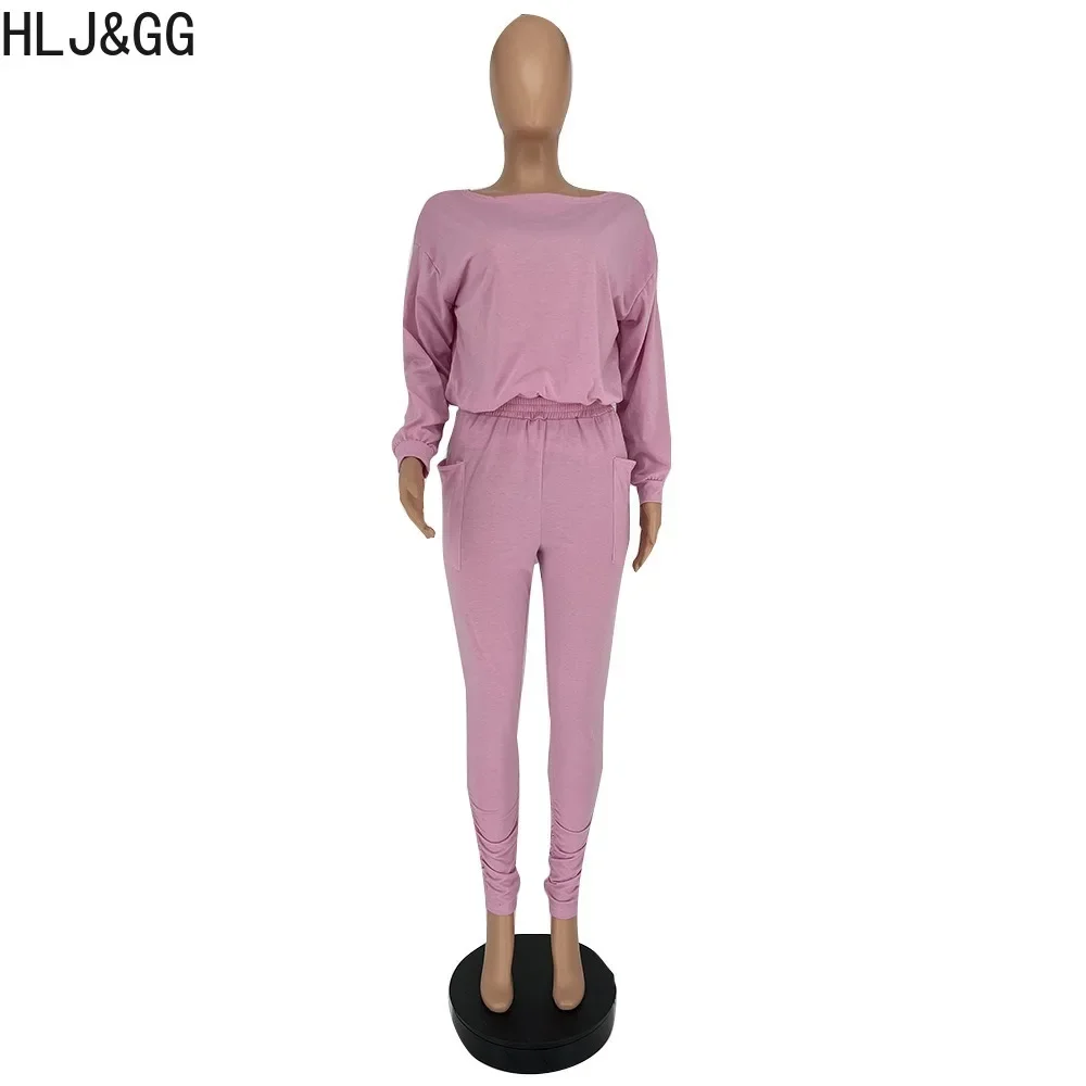 HLJ&GG Autumn Casual One Shoulder Long Sleeve Top And Jogger Pants Two Piece Sets Women Solid Color Matching Sporty 2pcs Outfits