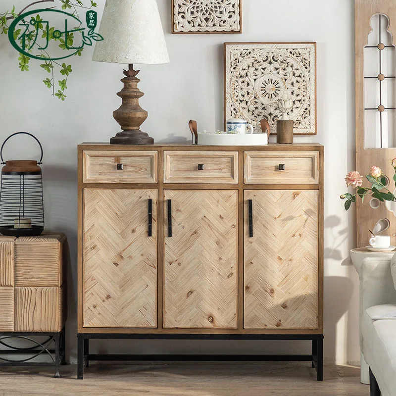 American retro home multi-layer storage cabinet, solid wood porch cabinet shoe cabinet integrated, Nordic small apartment locker