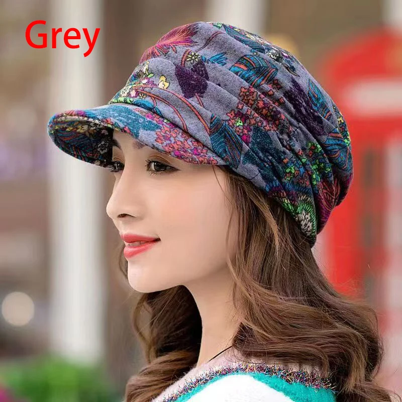 5 Colors Short Wide Brim Floral Print Earflap Hat Ethnic Windproof Foldable Warm Women Autumn Winter Outdoor Daily Cap Free Size