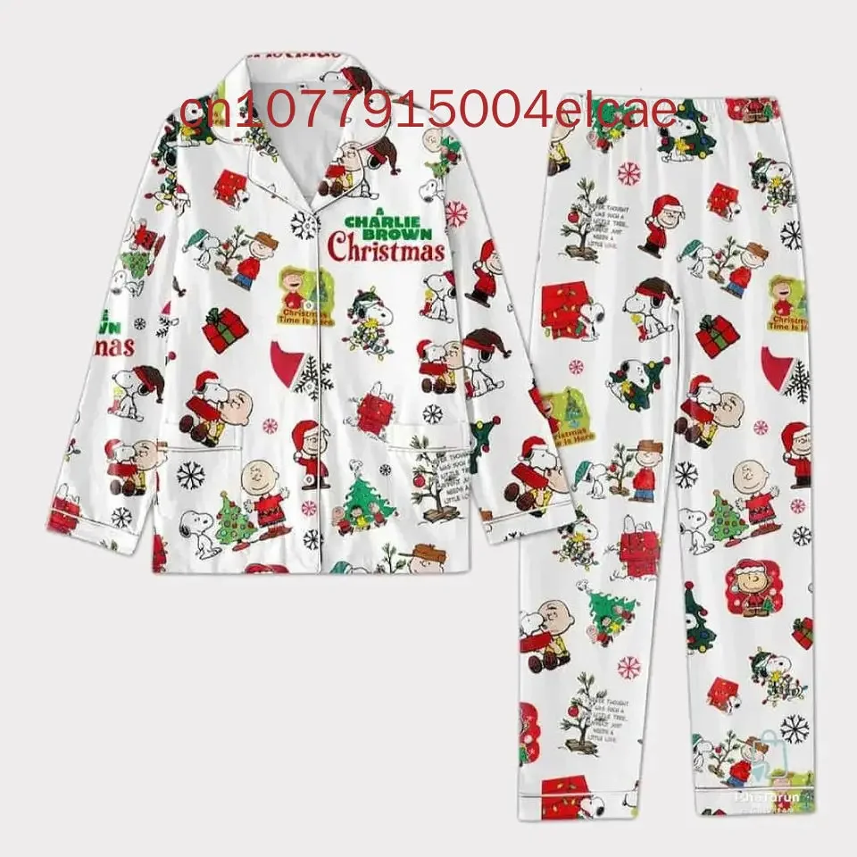 Cartoon Snoopy Christmas Pajama Set Disney Casual Men\'s and Women\'s Long Sleeve Shirt Pajama Set