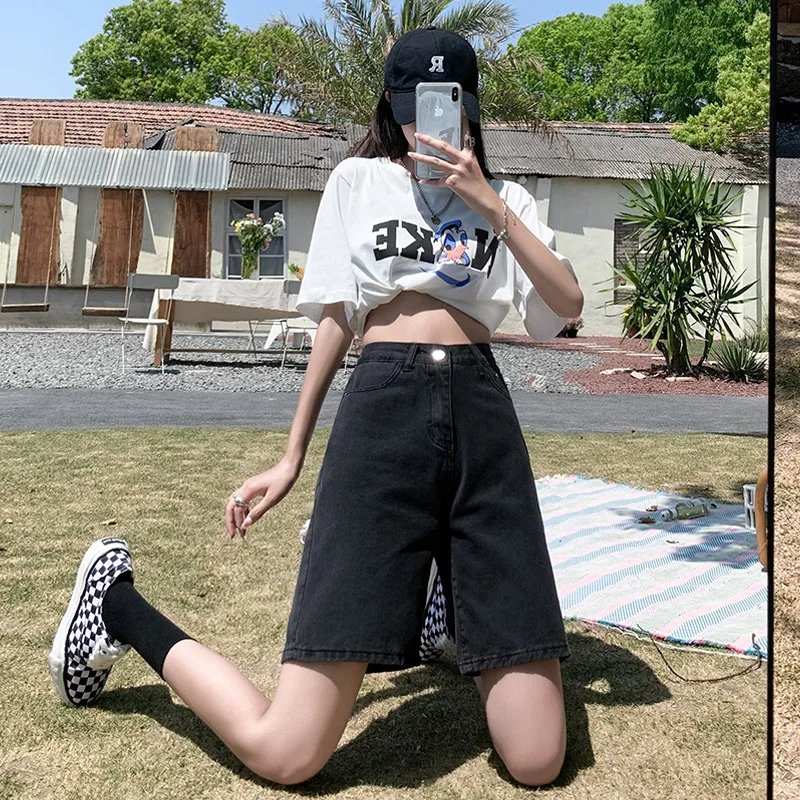 

Bla High Waist Loose Fit A-Line Denim orts Women's plus Size Straight Leg Trendy Five-Quarter Length Summer Jeans