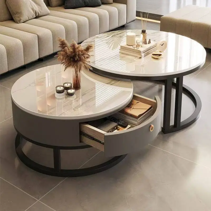 Modern Round Nesting Coffee Table Set Sintered Stone Top 2-Piece Center Table With Storage Drawer For Small Apartment.