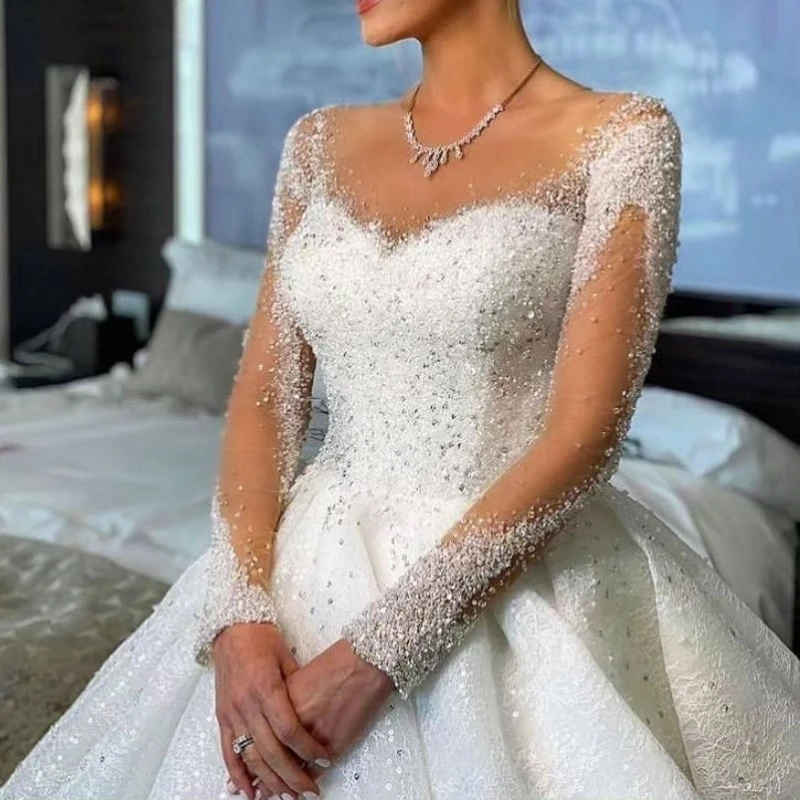 

Elegant O-Neck Long Sleeve Bride Ball Gown Wedding Dress 2024 Gorgeous Beading Chapel Train Vintage Bridal Gown