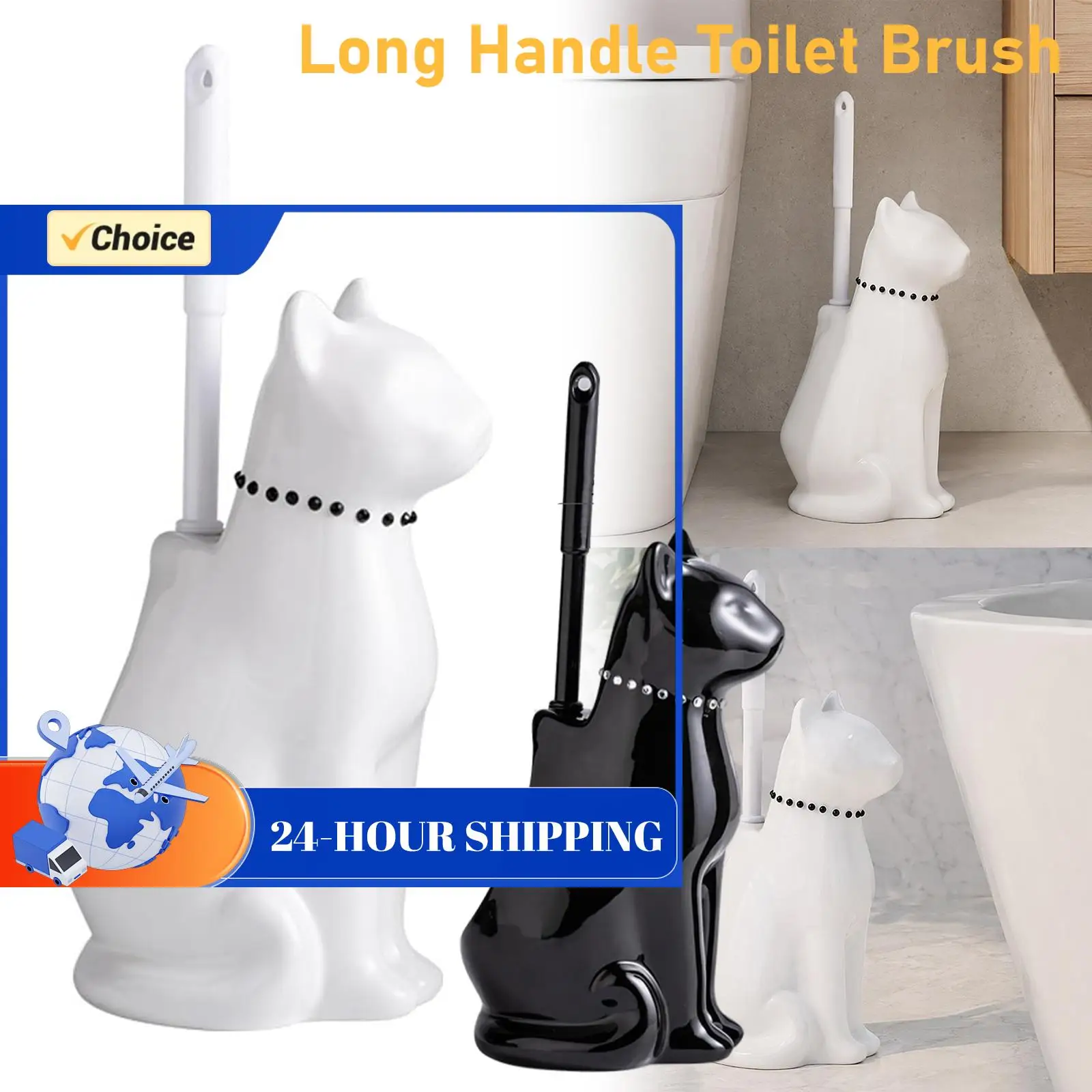 Toilet Bowl Brush with Ceramic Cats Holder Easy-Clean Toilet Brush and Holder Set Handled Scrub Brush for Bathroom Cleaning