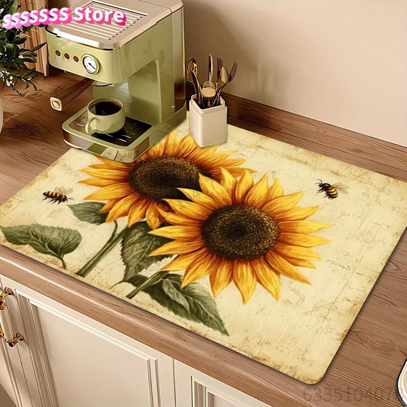 Tapete de Secagem de Louça com Estampa de Girassol, Tapete para Máquina de Café, Tapete para Máquina de Lavar, Tapete de Mesa, Material de Poliéster, Adequado para Cozinha