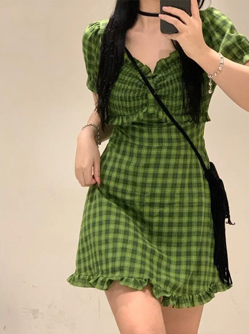 Women's Dresses Mini Short Plaid Casual Summer Light Dress Green Bag Hip Vintage Bodycon Bandage Slip Sleeveless Korean  Tunics