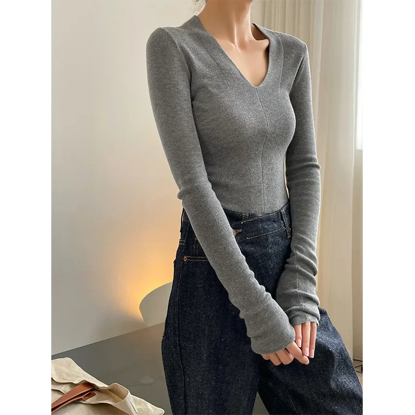 Girls Autumn Winter Long Sleeve V-neck Wool Sweater Tshirt Comfortable Soft Sexy Grey Slim Fit Knit Top Women Black Knitwear